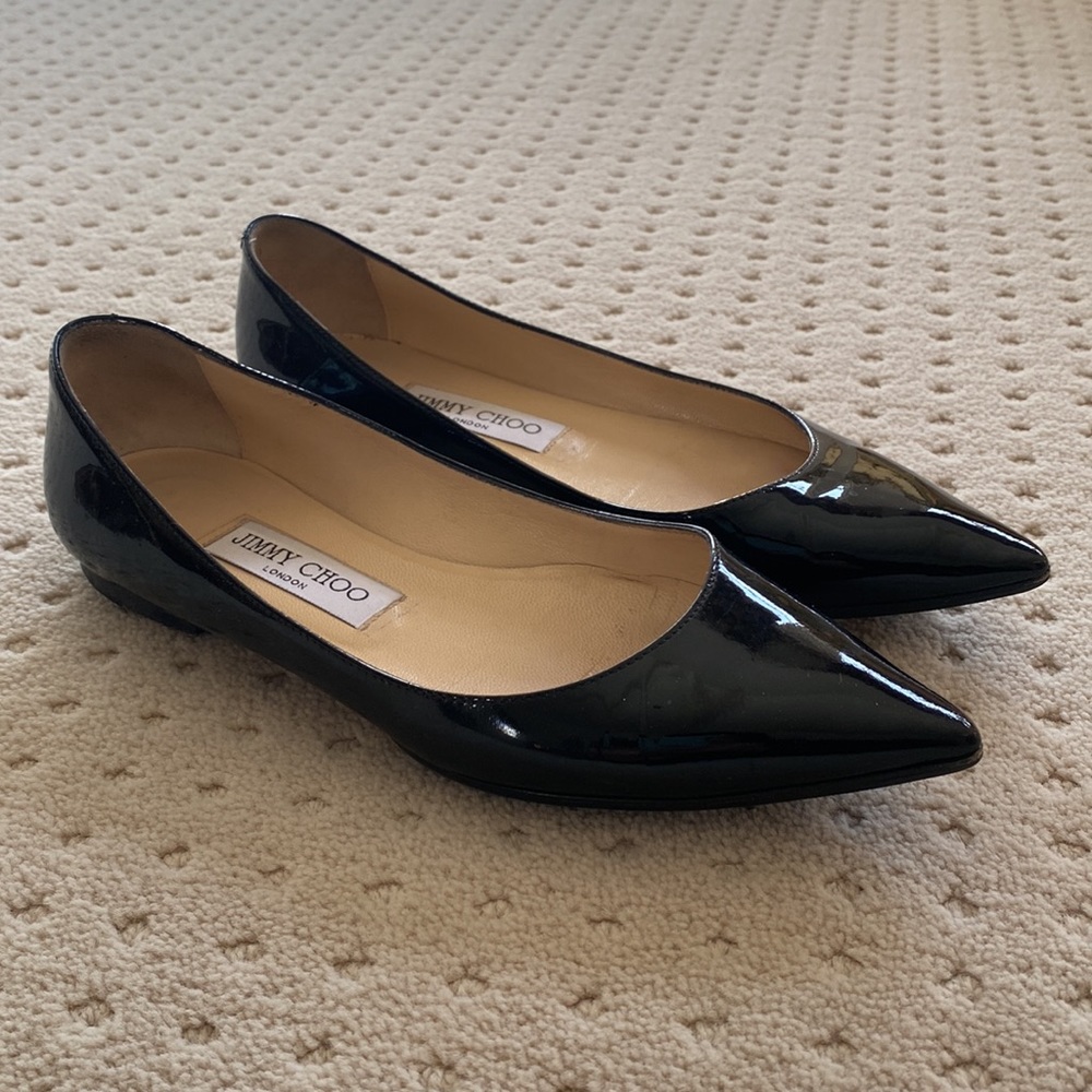 Jimmy Choo, black patent pointed toe ballet flats, size 35 1/2 - Picture 2 of 3